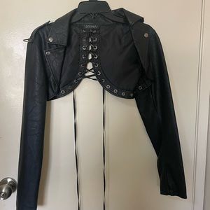 Cropped jacket comes in a vegan leather